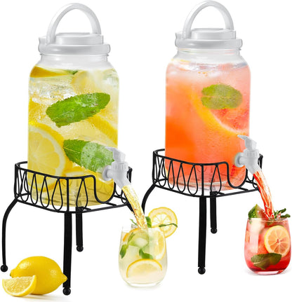 Tanlade 2 Pcs Plastic Drink Dispenser with Stand Beverage Dispenser with Sturdy Metal Base Juice Jar for Parties Lemonade Jar Spigot for Weddings Countertop Water, Each 1 Gallon (Gold)