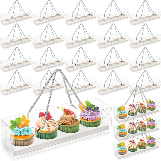 Coloch 24 Pack Clear Cupcake Box with Handle, 12 x 3 x 3 In 4 Count Plastic Cupcake Container with 4 Count Baked Dessert Box, for Cupcake, Dessert, Muffins, Party, Mother's Day, Wedding