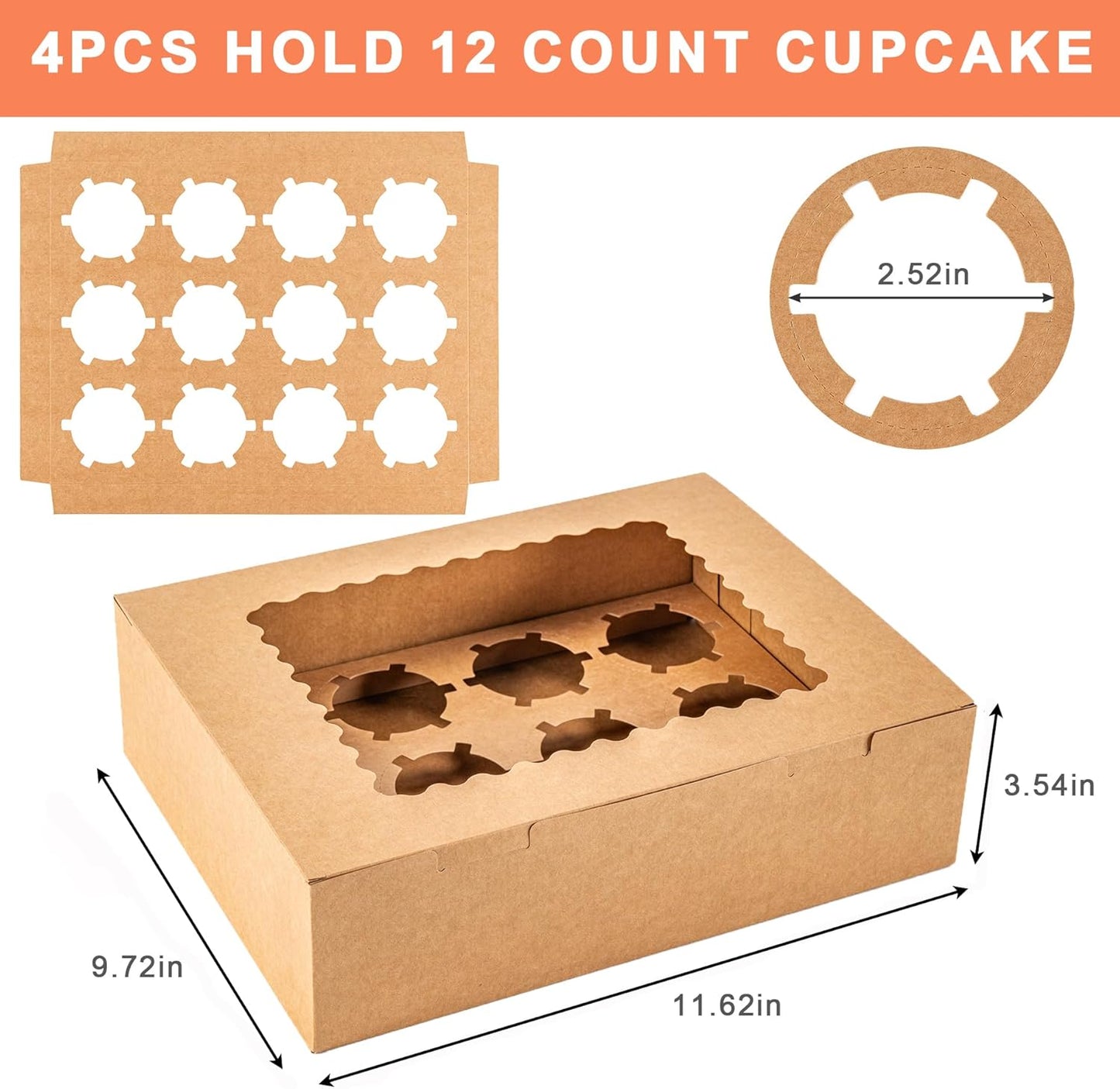 12 Count Cupcake Boxes, 4PCS Cupcake Container with Window, Food Grade Cupcake Holder for Birthday Holiday Party, Bakery Supplies for Cupcakes, Desserts, and More