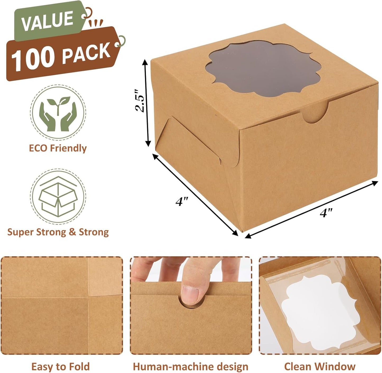 TOMNK 150pcs White Small Cookie Boxes with Window,4x4x2.5 Inch Small Bakery Boxes, 3 Style, Cookie Boxes Bulk for Dessert, Chocolate Strawberries Donuts and Party Favor