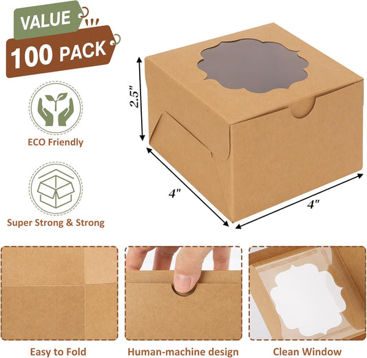 TOMNK 150pcs White Small Cookie Boxes with Window,4x4x2.5 Inch Small Bakery Boxes, 3 Style, Cookie Boxes Bulk for Dessert, Chocolate Strawberries Donuts and Party Favor