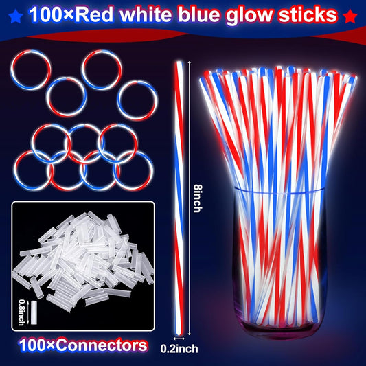 480 Pack 4th of July Glow Sticks Party Favors with Connectors,Patriotic Red White Blue Glow Stick Bracelets Nacklaces Glow in the Dark Accessories 250th Anniversary USA Independence Day Decorations
