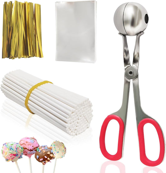 Cake Pop Sticks and Wrappers,Cake Pop Maker Set Include 100 Cake Pop Bags,Lollipop Sticks and Gold Metallic Twist Ties Meat Baller with One Handles Cake Pops Making Tools for Candies and Chocolates