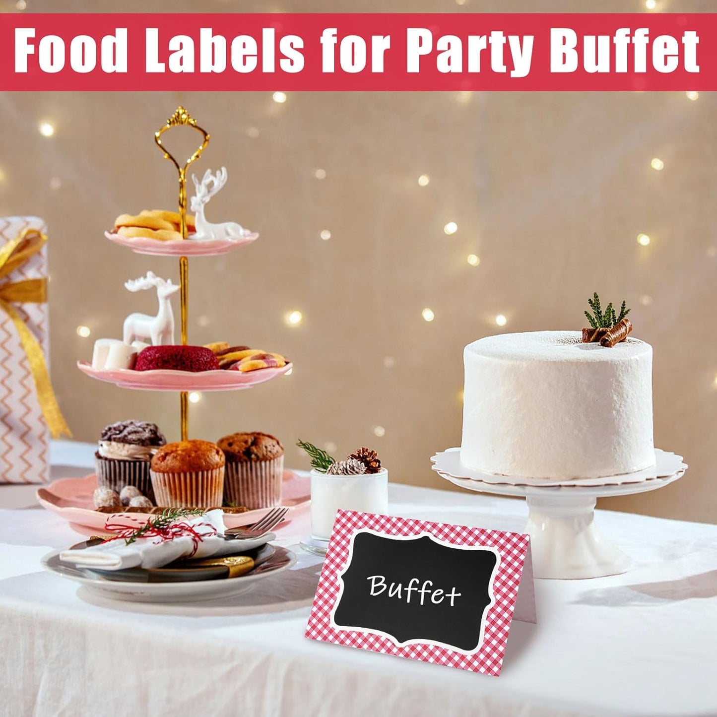 25 Pcs Picnic Party Decorations BBQ Party Decorations, Red Gingham Double Sided Cardboard Tent Cards for Table Number Food Labels Buffet Signs Wedding Baby Shower Event Decor Supplies