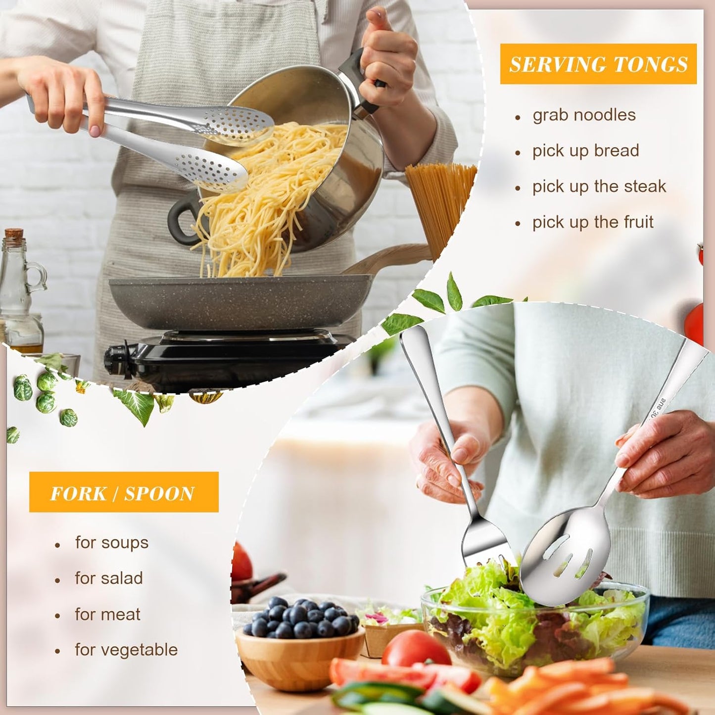 10PCS 18/8 Stainless Steel Serving Utensils Set for Parties, Kitchen Serving Tools-Include Serving Spoons, Slotted Spoons, Serving Forks Tongs Soup Ladle, Cake Pie Server for Buffet, Wedding