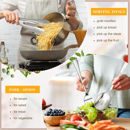10PCS 18/8 Stainless Steel Serving Utensils Set for Parties, Kitchen Serving Tools-Include Serving Spoons, Slotted Spoons, Serving Forks Tongs Soup Ladle, Cake Pie Server for Buffet, Wedding