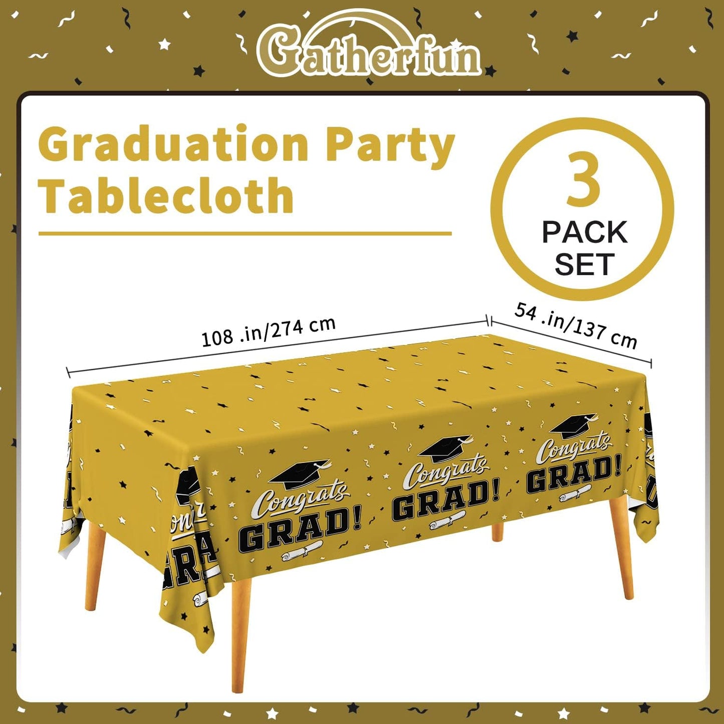 Gatherfun Graduation Party Decorations, Gongrats Grad Tablecover for Graduation Party Supplies, 3 pcs Green Table Cloths, 54"x108"