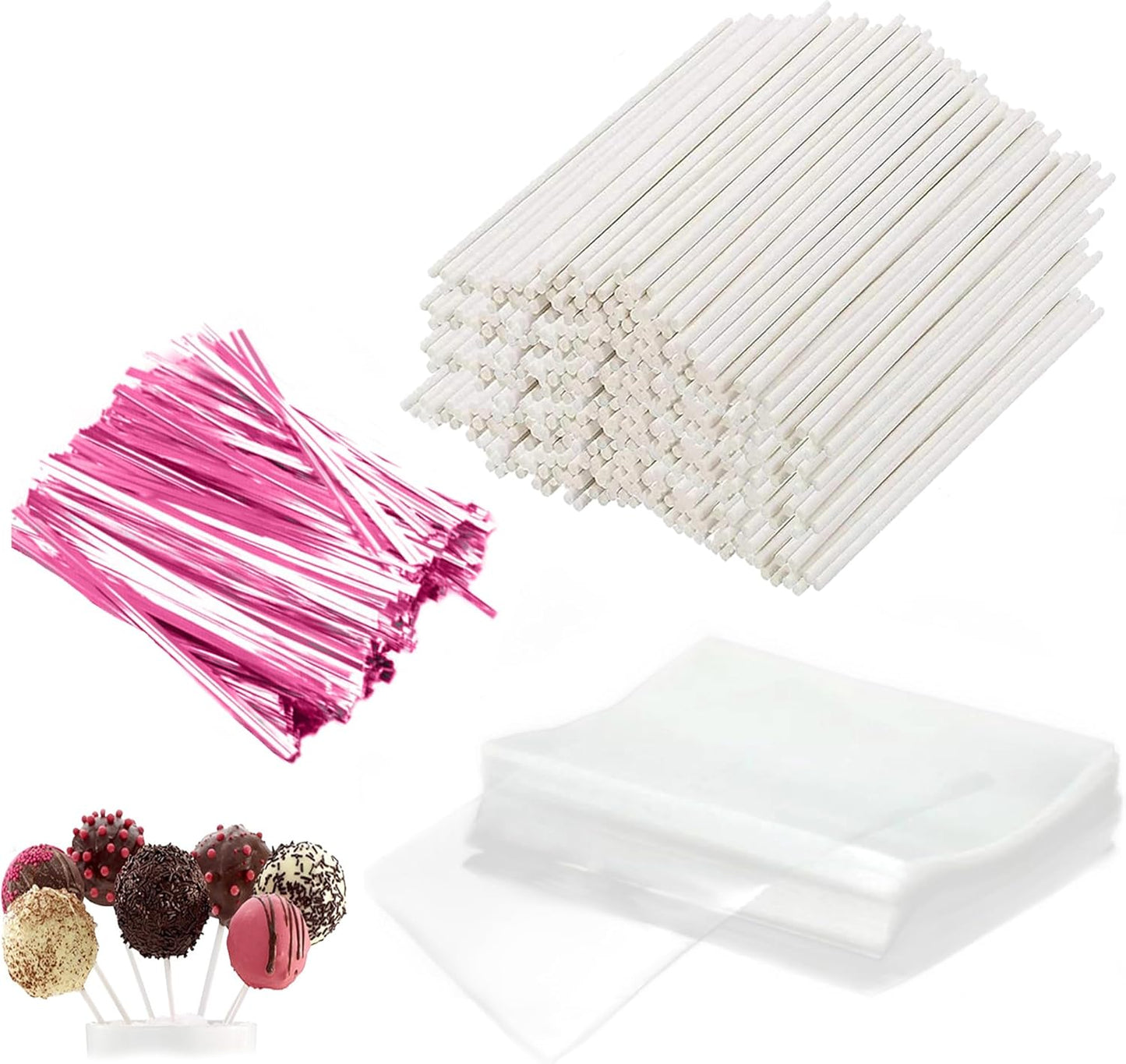 Basquei Cake Pop Sticks 6 Inches, Cake Pop Bags (3.9"X4.7"), Pink Metallic Twist Ties, 300 Pcs Cake Pop Kit Used for, Lollipops Cake, Candies, Chocolates Making Tools
