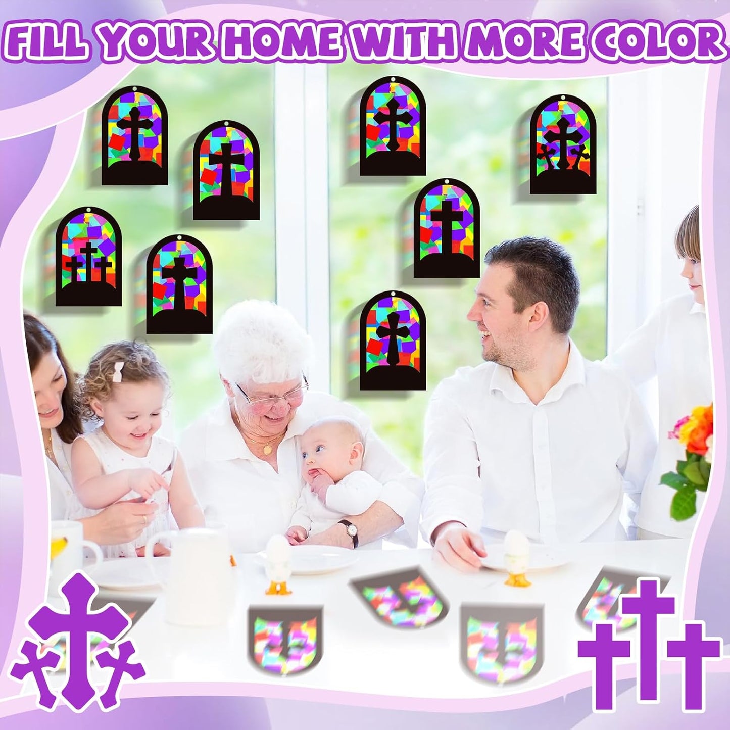 QOUBAI 32 Sets Stars Suncatchers Craft Back to School DIY Stained Glass Window Patriotic 4th of July Paper Craft Home School Classroom Decor Kid Birthday Gift Creative Art Activity Game - Colors B