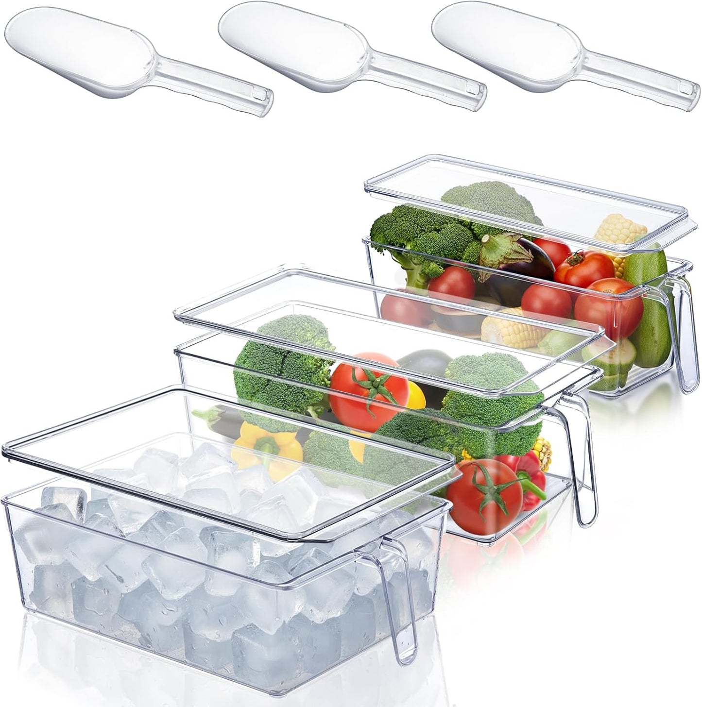Havawish 4 Pcs Ice Storage Bin for Freezer with Lid and Flexible Scoop Set Plastic Ice Container with Lid Handle for Home Office Fridge Storage (12.4 x 8.07 x 3.94 Inches,Clear)