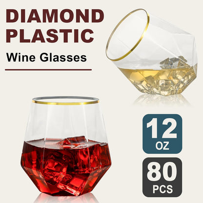 Goodluck 40 PCS Diamond Stemless Plastic Wine Whiskey Glasses, 12 Oz Disposable Cocktail Glasses, Suitable for Weddings, Birthday Parties, Family Gatherings, Bars, etc （Gold rimmed cups）