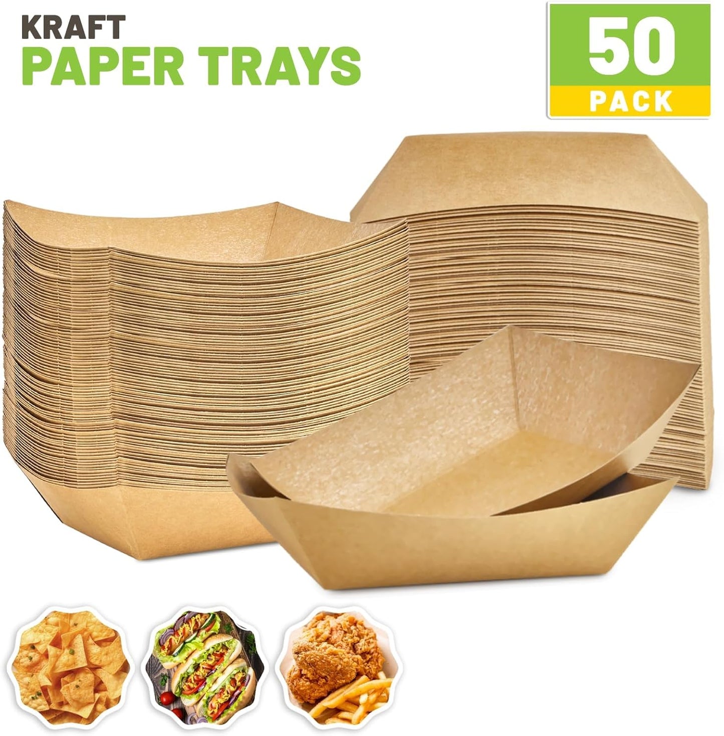 ZORRITA 3 Lb Paper Food Trays - 50 Pack Disposable Nacho Trays, Kraft Paper Food Boats Taco Holders Party Serving Baskets for Hot Dogs Snacks Tacos Fries