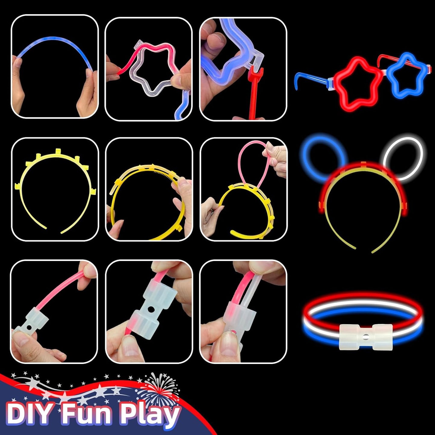 TURNMEON 248 Pcs 250th Anniversary 4th of July Light Up Party Favors, 24 Red White Blue Glasses 200 Patriotic Glow Sticks Bulk with Connectors Glow in the Dark Party Supplies Independence Day Decor