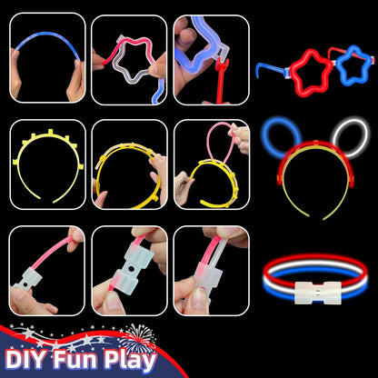 TURNMEON 248 Pcs 250th Anniversary 4th of July Light Up Party Favors, 24 Red White Blue Glasses 200 Patriotic Glow Sticks Bulk with Connectors Glow in the Dark Party Supplies Independence Day Decor