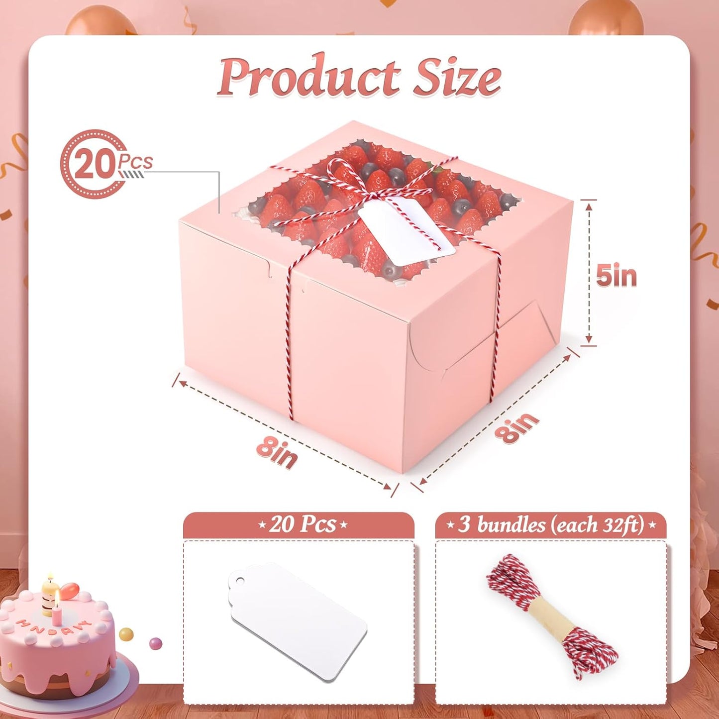 20Pcs 8 Inch Cake Boxes with Window, 8x8x5 Inches Brown Bakery Boxes, Cake Carrier Container for Pastries, Pie, Cookies, Chocolates, Cupcakes, Birthday Party, Wedding