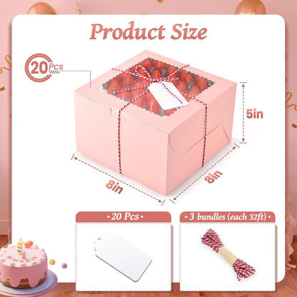 20Pcs 8 Inch Cake Boxes with Window, 8x8x5 Inches Brown Bakery Boxes, Cake Carrier Container for Pastries, Pie, Cookies, Chocolates, Cupcakes, Birthday Party, Wedding