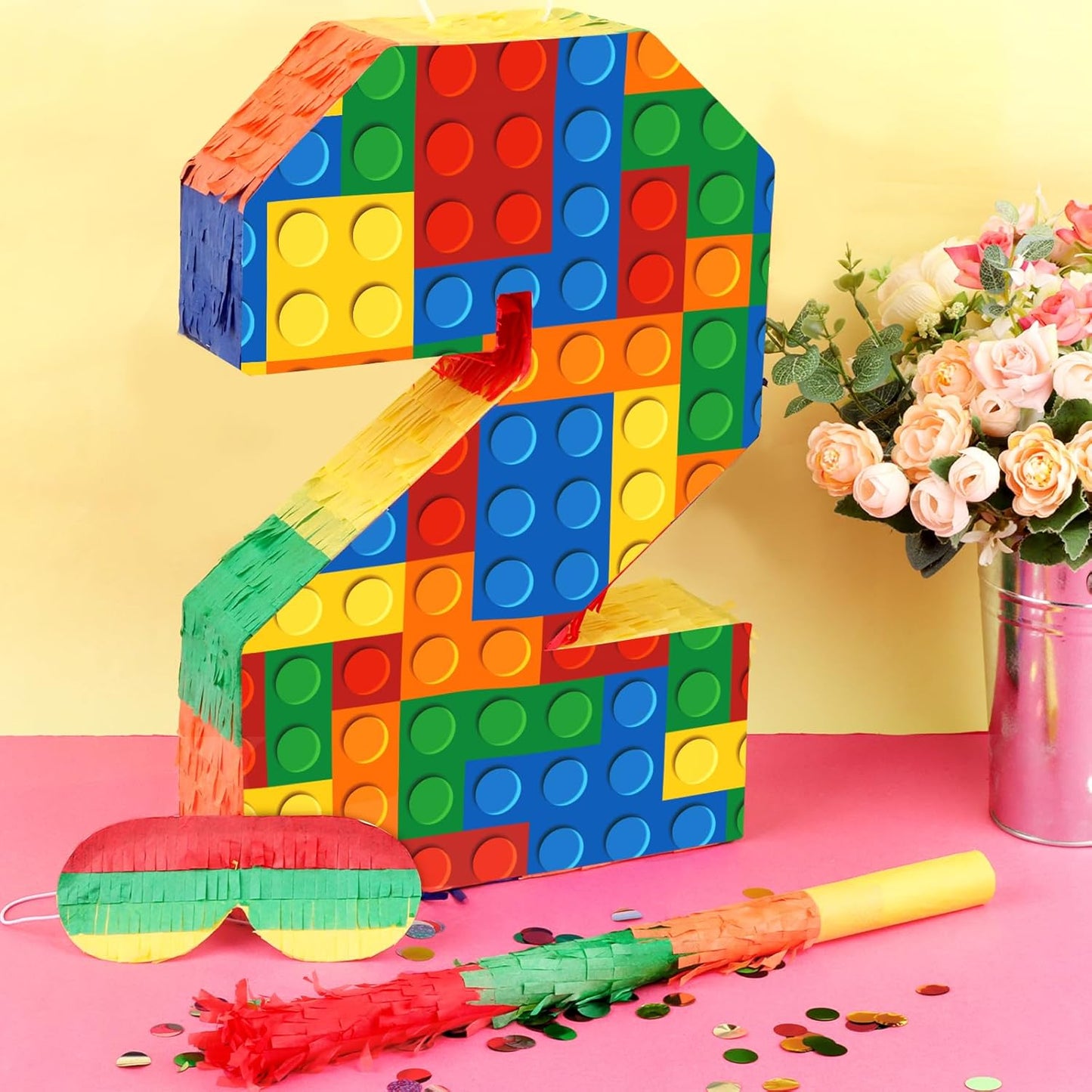 Number 7 Pinata Building Blocks with Pinata Stick Blindfold 7th Birthday Party Decorations Happy Birthday Building Block Theme Anniversary Party Supplies for Kids (Small, 16 x 10.6 x 3 in)