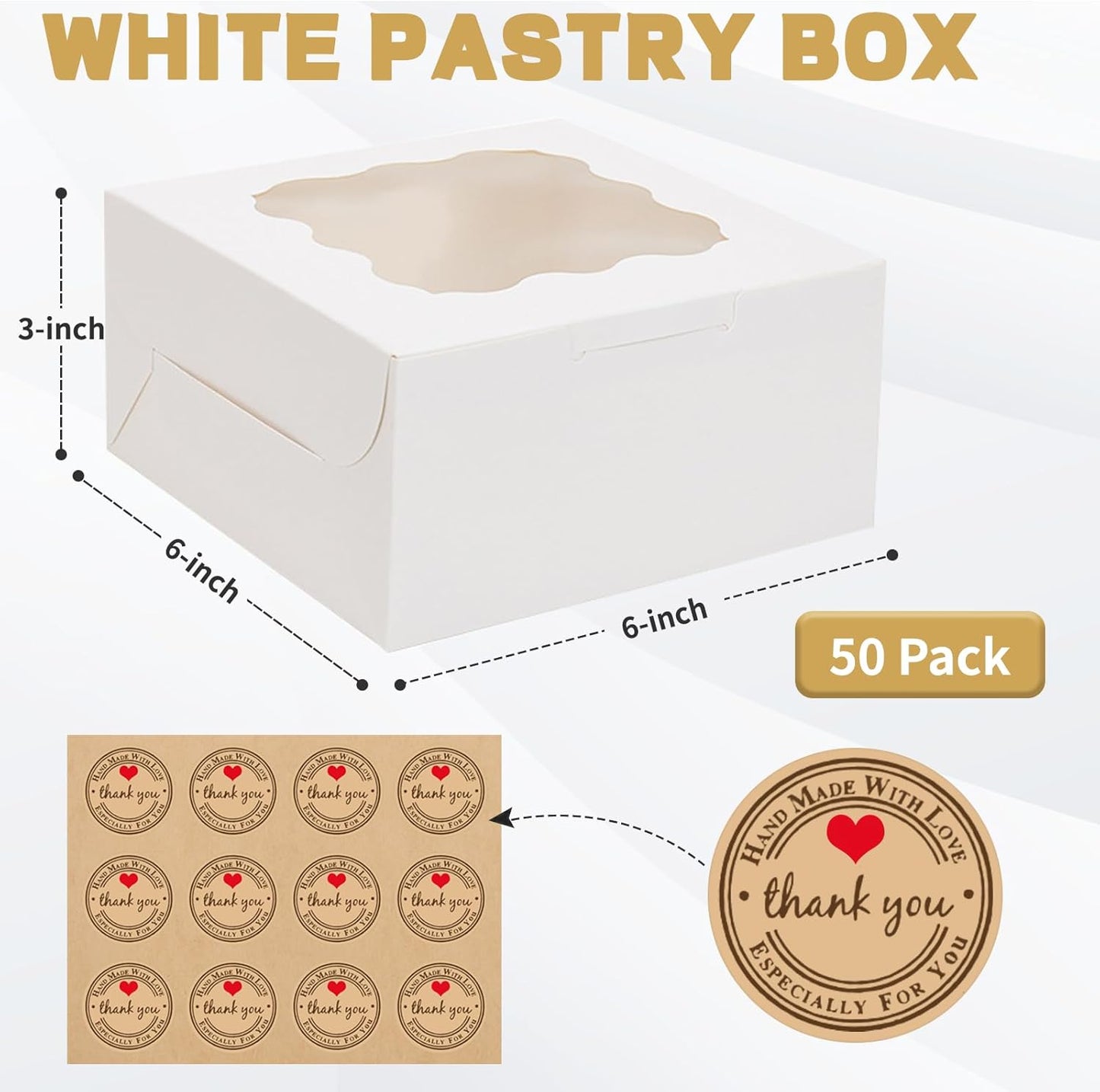 30pcs Cookie Boxes with Window, 6x6x3 Inches White Bakery Boxes, 36 Pcs Stickers,for Small Cookies, Treats, Candy, Desserts, Chocolate Covered Strawberries,Mini Cake Boxes
