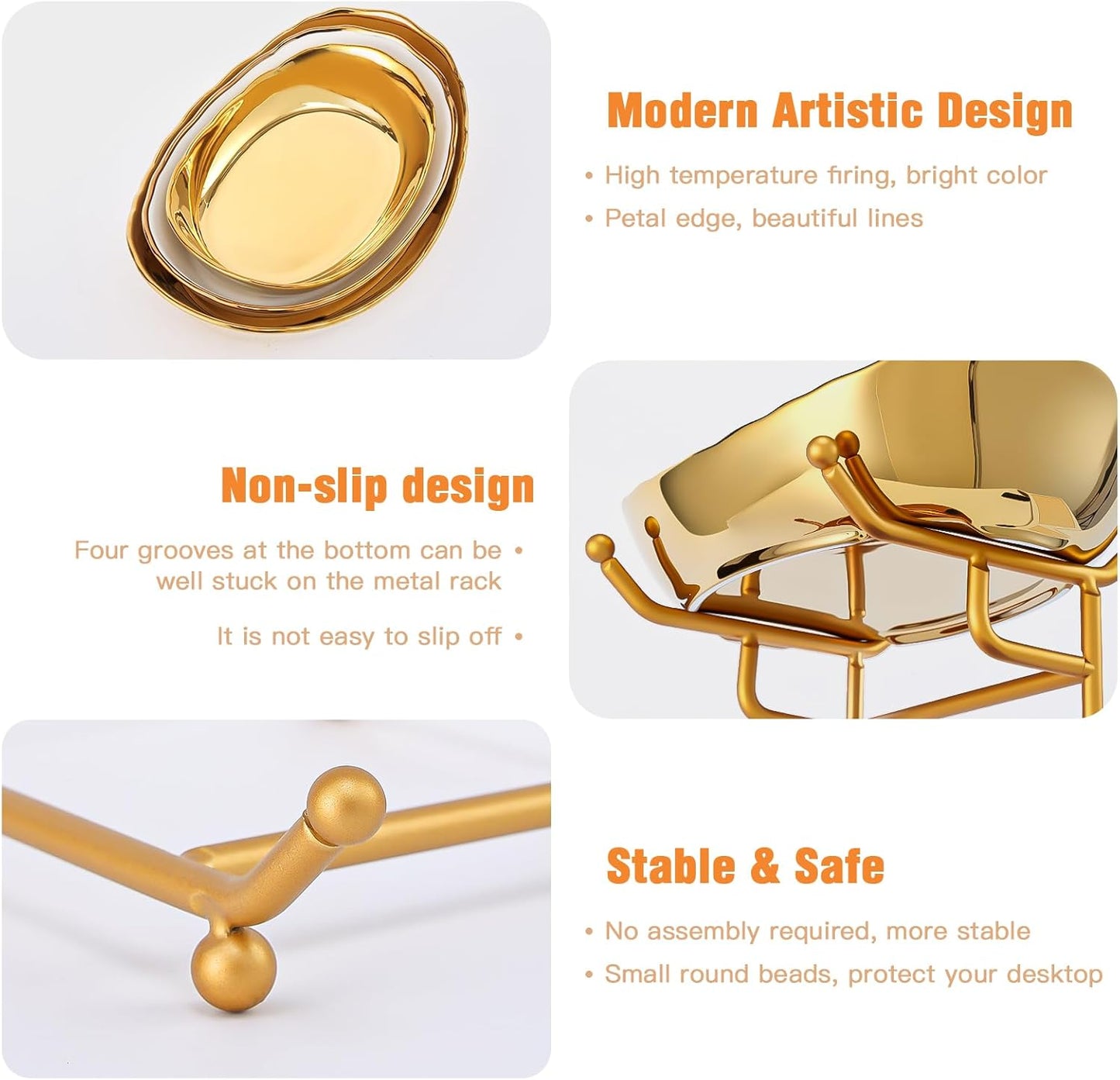 Ceramic Fruit Bowl for Kitchen Counter - 3 Tier Fruit Basket with Metal Stand, Tiered Fruit Stand for Countertop, Snack, Nuts, Cake, Dessert, Cute (Gold, Small) 1