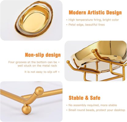 Ceramic Fruit Bowl for Kitchen Counter - 3 Tier Fruit Basket with Metal Stand, Tiered Fruit Stand for Countertop, Snack, Nuts, Cake, Dessert, Cute (Gold, Small) 1