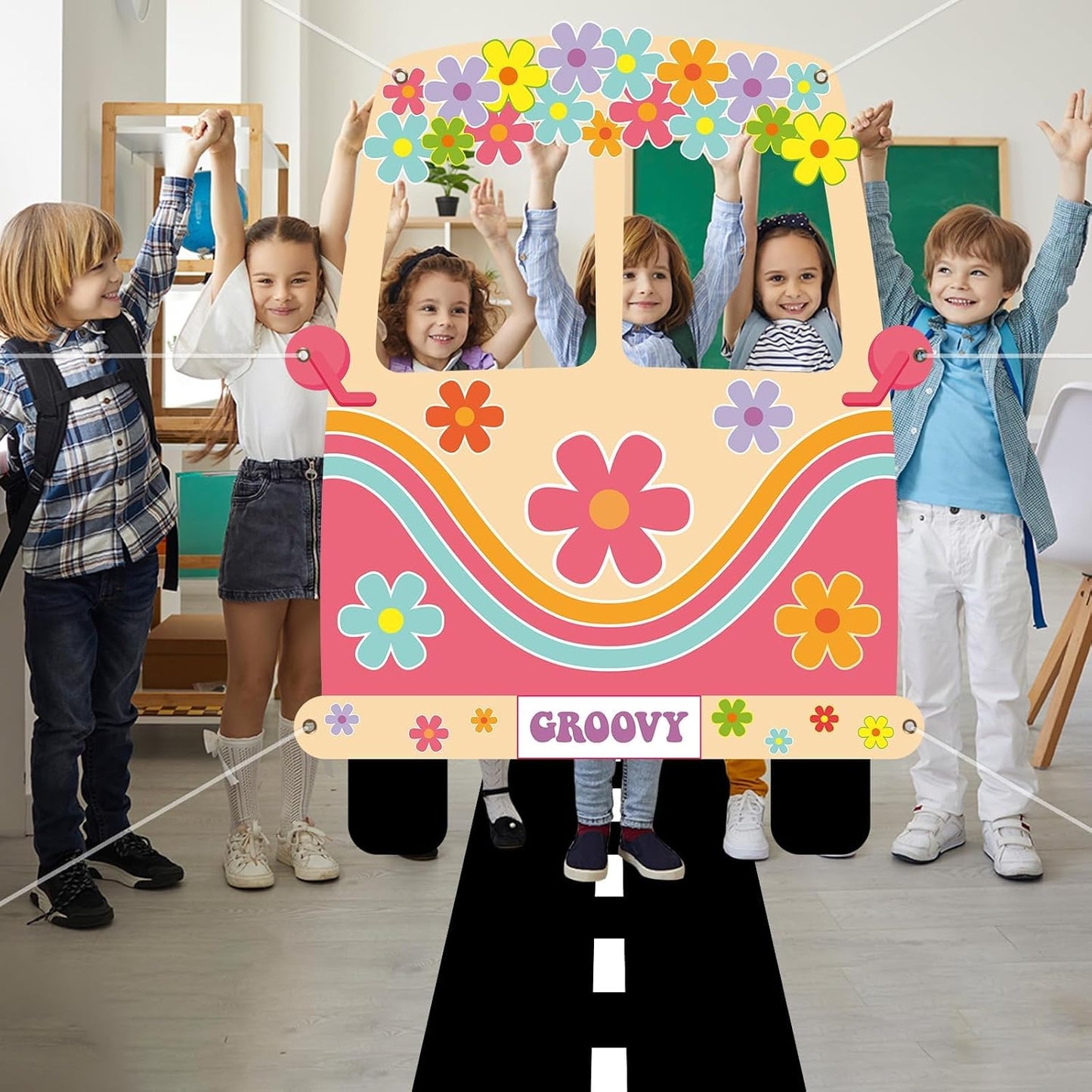 2 Pcs Hippie Bus Photo Booth Prop Road Floor Runner Set 60s 70s Retro Groovy Van Prop Large Fabric 1960s Hippie Selfie Frame Backdrop Background Banner for Daisy Birthday Party Decoration 61x47 Inch