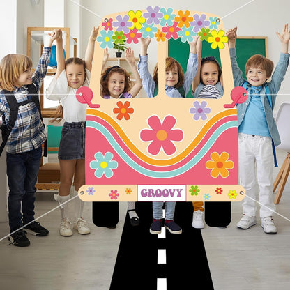 2 Pcs Hippie Bus Photo Booth Prop Road Floor Runner Set 60s 70s Retro Groovy Van Prop Large Fabric 1960s Hippie Selfie Frame Backdrop Background Banner for Daisy Birthday Party Decoration 61x47 Inch