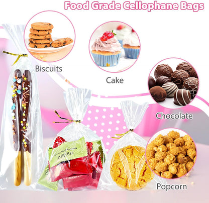 5x7 Inch Iridescent Cellophane Treat Bags with Twist Ties, Treat Bags for Candy Cookie Goodie Chocolates, And Popcorn