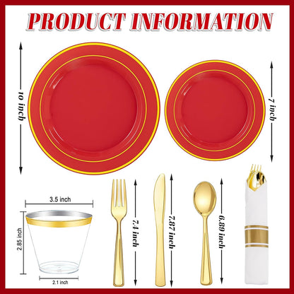 350 Pieces Black and Gold Plastic Plates with Disposable Silverware, Include 50 Dinner Plates 9”, 50 Dessert Plates 6.3”, 50 Black Cups 9 OZ, 50 Pre Rolled Napkins for Wedding Party Graduation