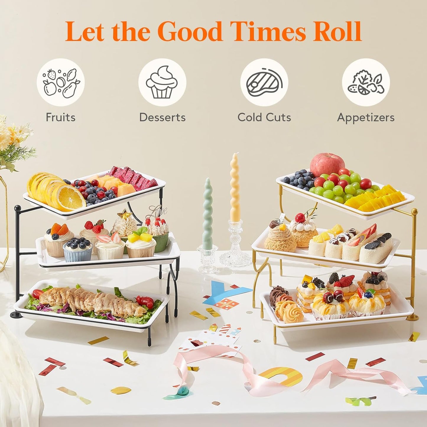 Lifewit 3 Tier Serving Tray, 30 x 17 cm/12 x 6.5" White Plastic Tiered Food Serving Platters, Tiered Tray Stand for Party with Black Collapsible Metal Stand, Dessert Display Stand for Cookies/Crackers