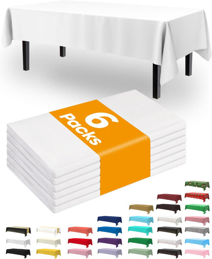 Pureegg Plastic Table Cloth Disposable 6 Pack, 54 x 108 Inch Table Cloths, Party, Picnic, Wedding, Decorative Tablecloths, Rectangle, White Plastic Cover, Waterproof, White