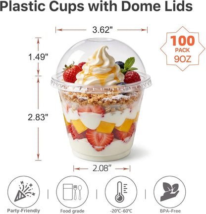 Lullaby 200Pack 9oz Clear Plastic Cups with Dome Lids, Dessert Cups with Lids, Disposable Parfait Cups, Party Cups Cupcake for Parties and Daily Use