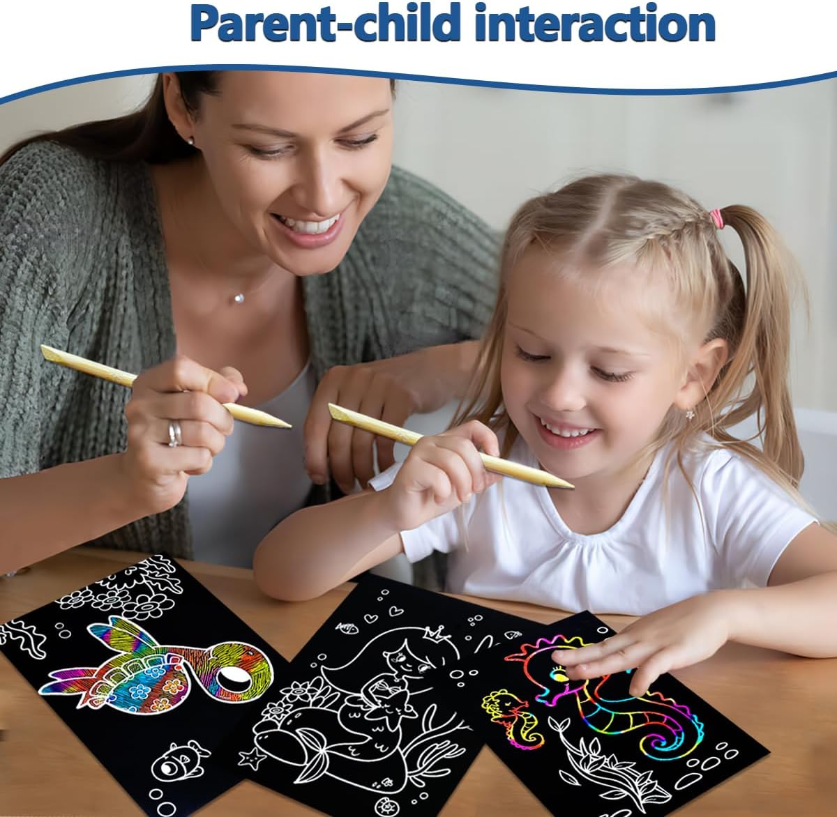 BAOXUE Scratch Art for Kids, Mermaids Black Rainbow Scratch Paper Set-Arts And Crafts & Supplies, DIY Activity & Party Games, Mermaid Toys Gifts for Toddlers, Girls