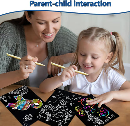 BAOXUE Scratch Art for Kids, Mermaids Black Rainbow Scratch Paper Set-Arts And Crafts & Supplies, DIY Activity & Party Games, Mermaid Toys Gifts for Toddlers, Girls