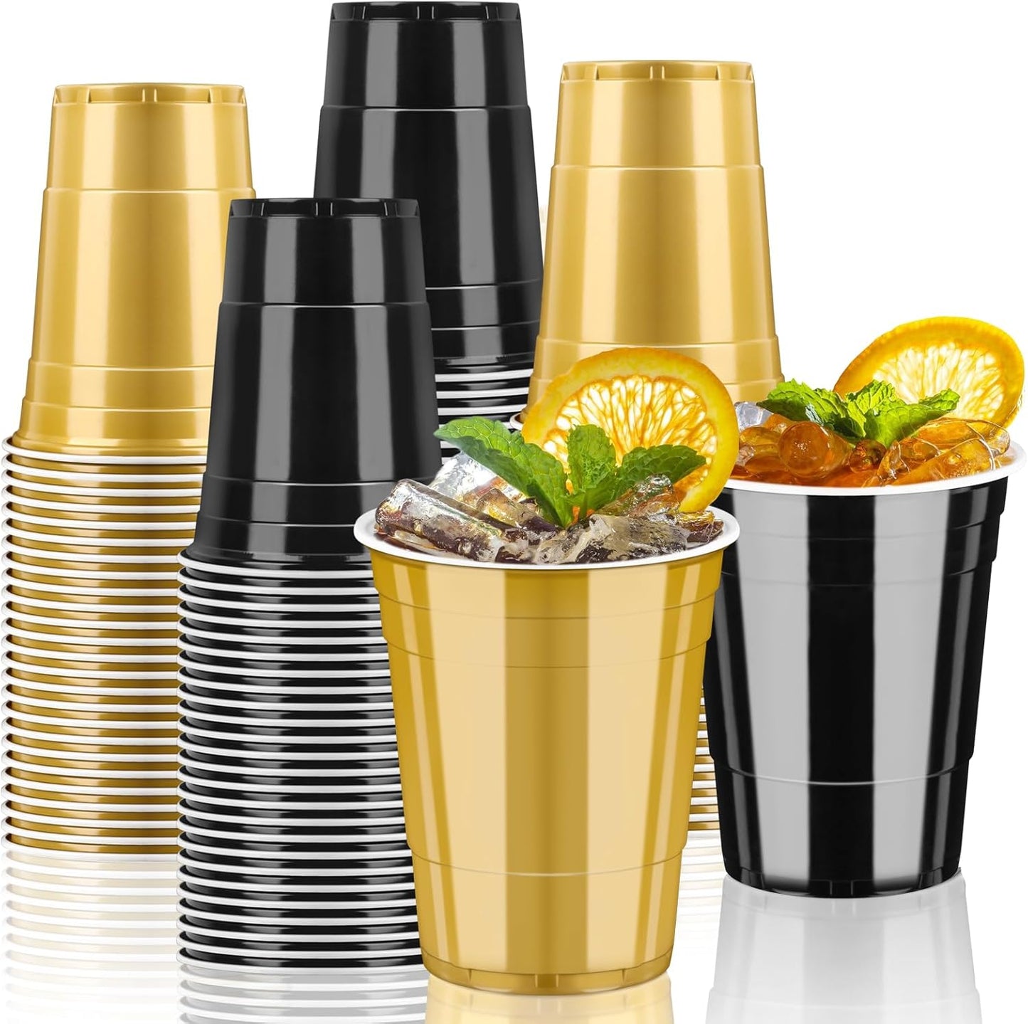 GGOLDMER 50 Pack 16oz Plastic Party Cups - Black and Gold Disposable Plastic Cups Graduation Cup for Cold Drinks, Halloween, Party, Weddings, Birthdays, Picnic, Holiday