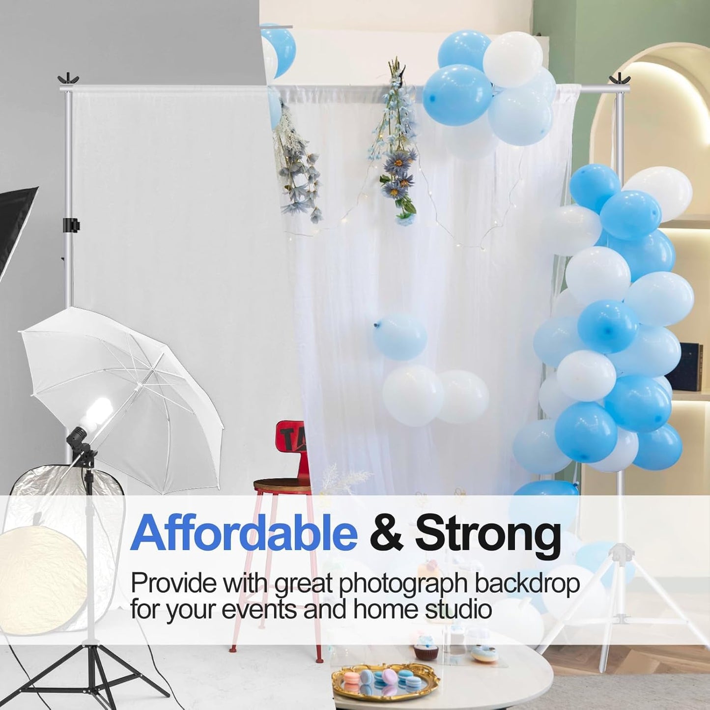 EMART Backdrop Stand 10x7ft(WxH) Photo Studio Adjustable Background Stand Support kit with 2 Crossbars, 8 Clamps, 2 Sandbags and Carry Bag for Parties, Events Decoration, Wedding, Photography -White