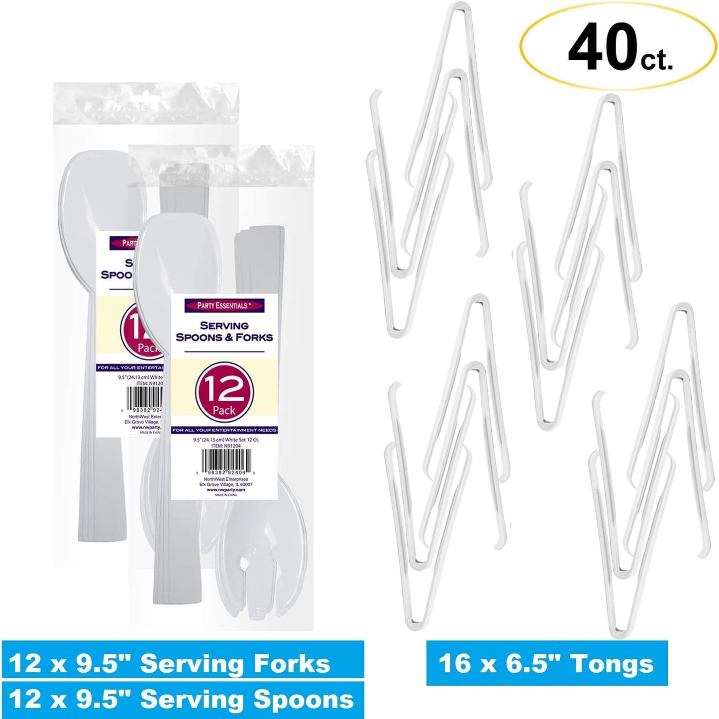 Party Essentials Plastic Party Buffet Serving Utensils Kit, Spoons/Forks/Tongs, 20-Piece, Clear
