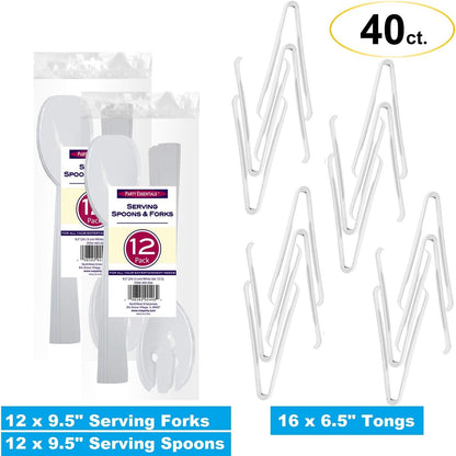 Party Essentials Plastic Party Buffet Serving Utensils Kit, Spoons/Forks/Tongs, 20-Piece, Clear