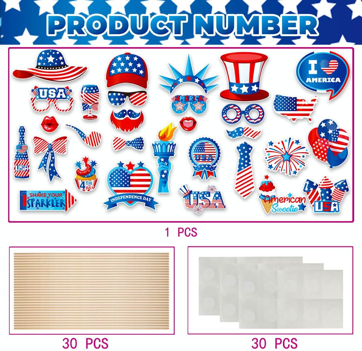 Independence Day Photo Booth Props with Sticks,4th of July Photo Booth Props,Patriotic Party Decorations (25CT)