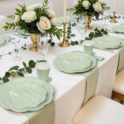 NatNarr 175 Pcs Sage Green Plates and Napkins Set, 25 Guest Sage Green Party Supplies Include Scalloped Paper Plate Napkin Cup Forks Knives Disposable Plastic Cutlery for Wedding Baby Shower Birthday