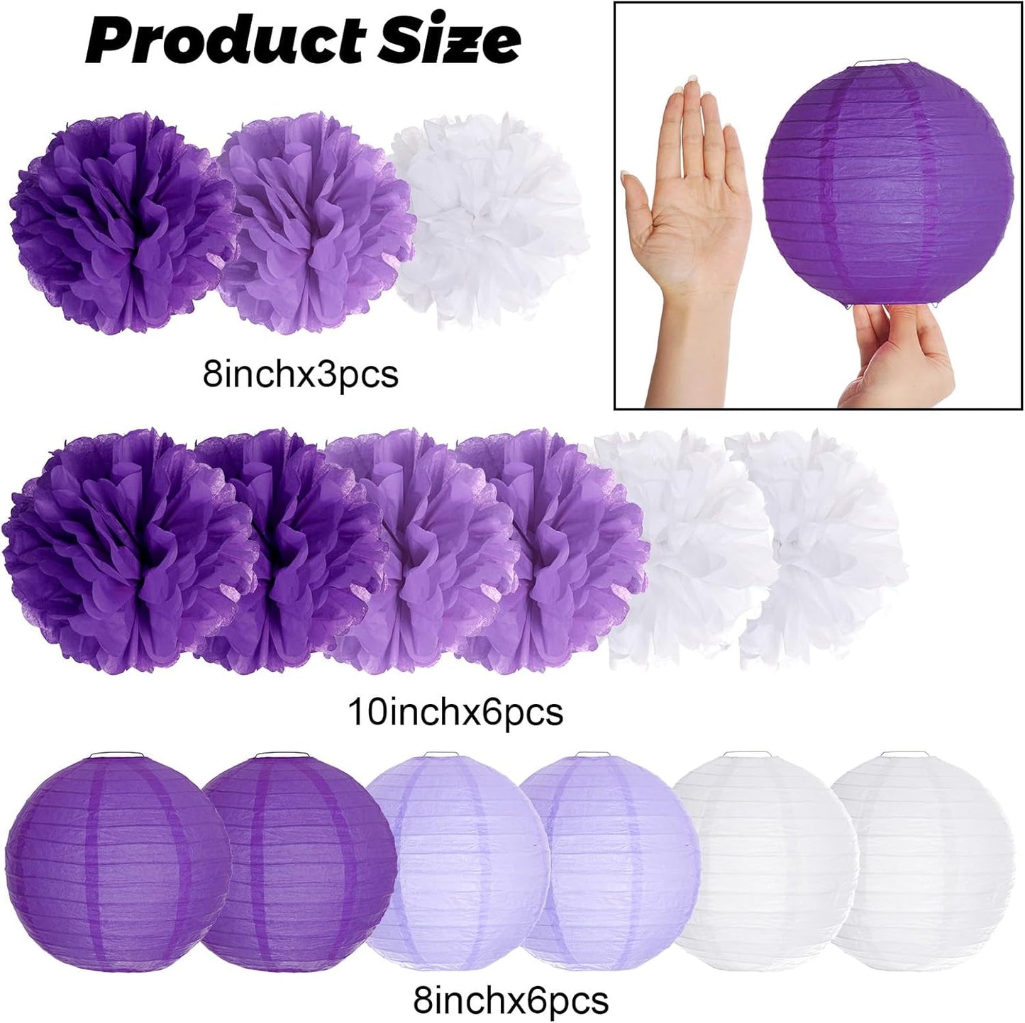 Paper Flower Lanterns Tissue Pom Poms Hanging Decorations Purple Flower Ball for Baby Shower Wedding Birthday Graduation Party Mother's Day