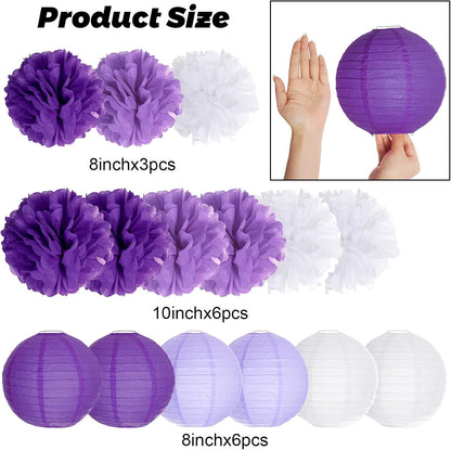 Paper Flower Lanterns Tissue Pom Poms Hanging Decorations Purple Flower Ball for Baby Shower Wedding Birthday Graduation Party Mother's Day
