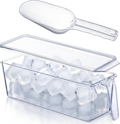 Havawish 4 Pcs Ice Storage Bin for Freezer with Lid and Flexible Scoop Set Plastic Ice Container with Lid Handle for Home Office Fridge Storage (12.4 x 8.07 x 3.94 Inches,Clear)