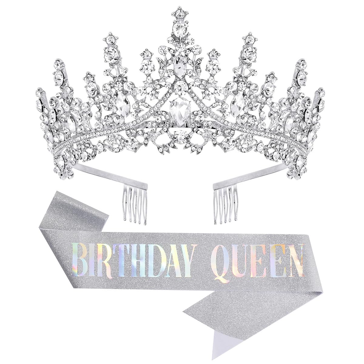 Birthday Tiara Crown with Sash for Women, Headband Hair Accessories for Wedding Party Costume