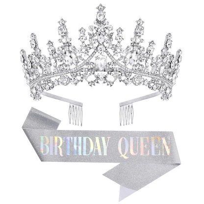 Birthday Tiara Crown with Sash for Women, Headband Hair Accessories for Wedding Party Costume