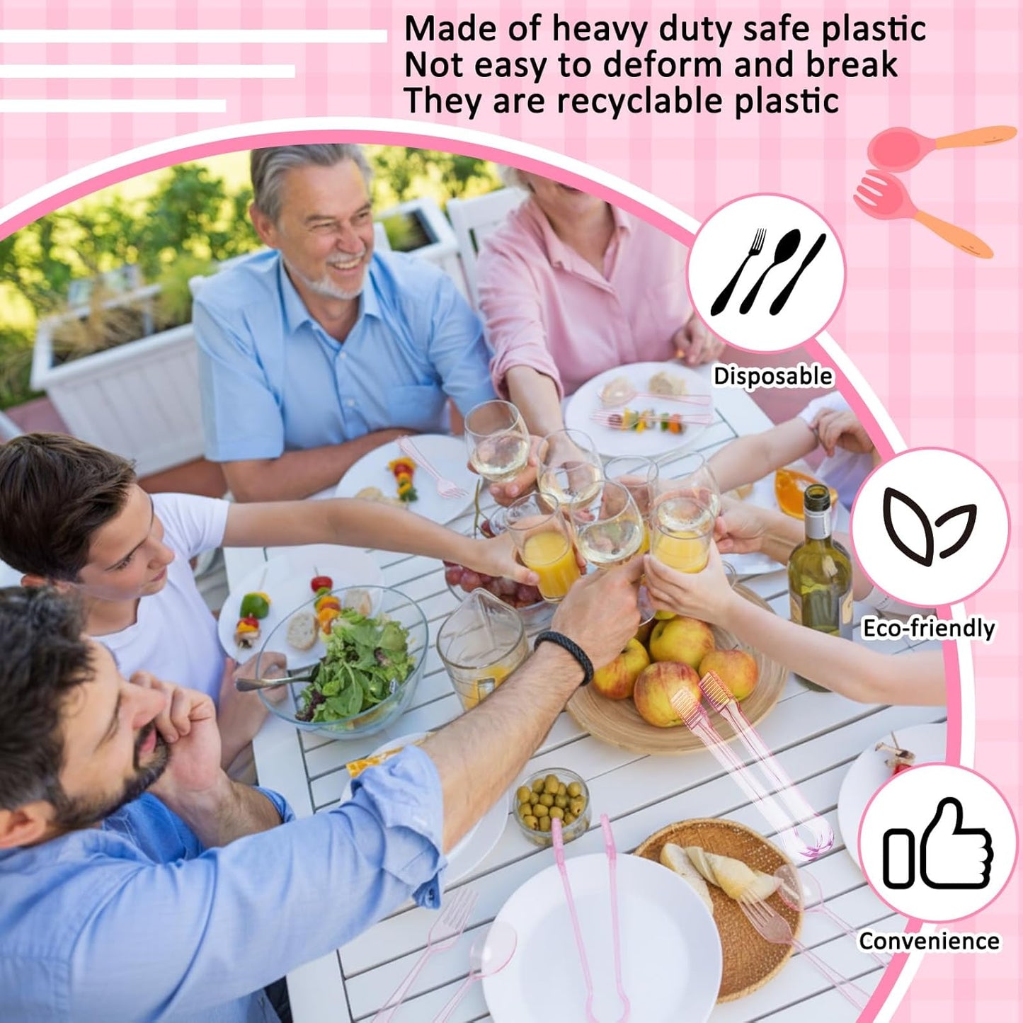 Potchen 18 Pcs Pink Plastic Silverware Set Disposable Clear Heavy Duty Serving Utensils 6 Serving Tongs 6 Spoons 6 Forks for Birthday Wedding Baby Shower Bridal Kitchen Food Ice Salad Buffet Party