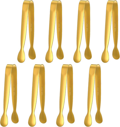 8PCS 4.3" Small Tongs for Serving Food, Gold Mini Metal Tong Tiny Kitchen Accessories for Buffet, Party, Appetizers, Ice, Sugar Cube, Salad, Toaster, Desserts