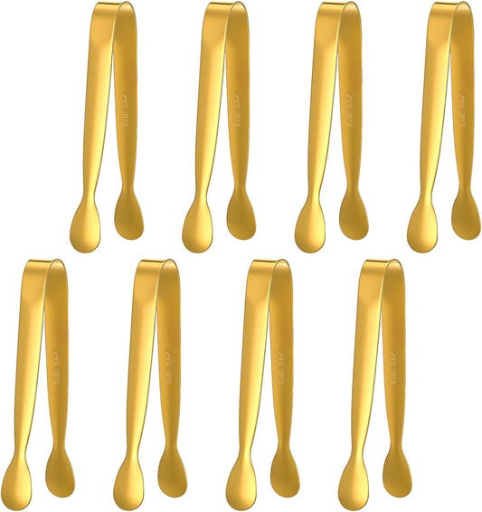 8PCS 4.3" Small Tongs for Serving Food, Gold Mini Metal Tong Tiny Kitchen Accessories for Buffet, Party, Appetizers, Ice, Sugar Cube, Salad, Toaster, Desserts