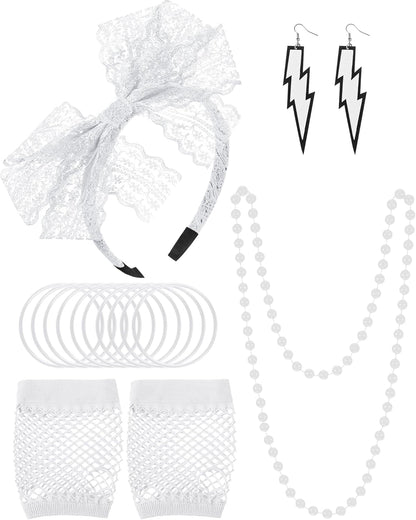 Blulu 80s Accessories Women Lace Headband Earrings Fishnet Gloves Necklace Bracelet for 80s Retro Party Halloween