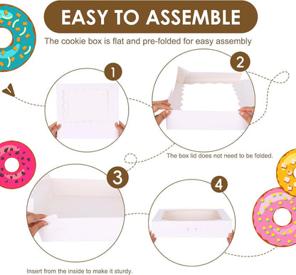 Moretoes 40pcs Cookie Boxes, 14x10x2.5 Inch Auto-Popup Bakery Boxes with Window, for Donuts, Pies, Cakes, Muffins, and Pastries