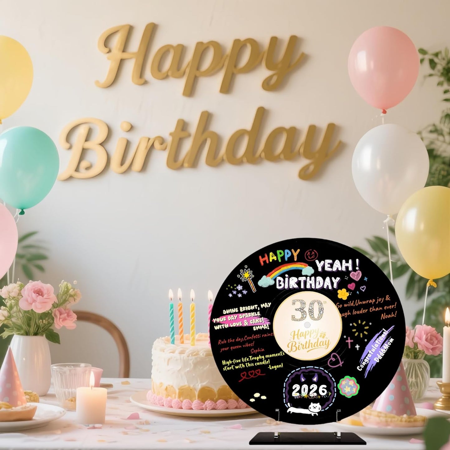 REEGII Vinyl Record Style Birthday Guest Book for Birthday Decorations - Large 11.6"x11.6" Sign-In Poster with 12 Pens | Unique Keepsake Gift for Birthday Party Decor (Happy Birthday, Golden, 11.6"L x 11.6"W)